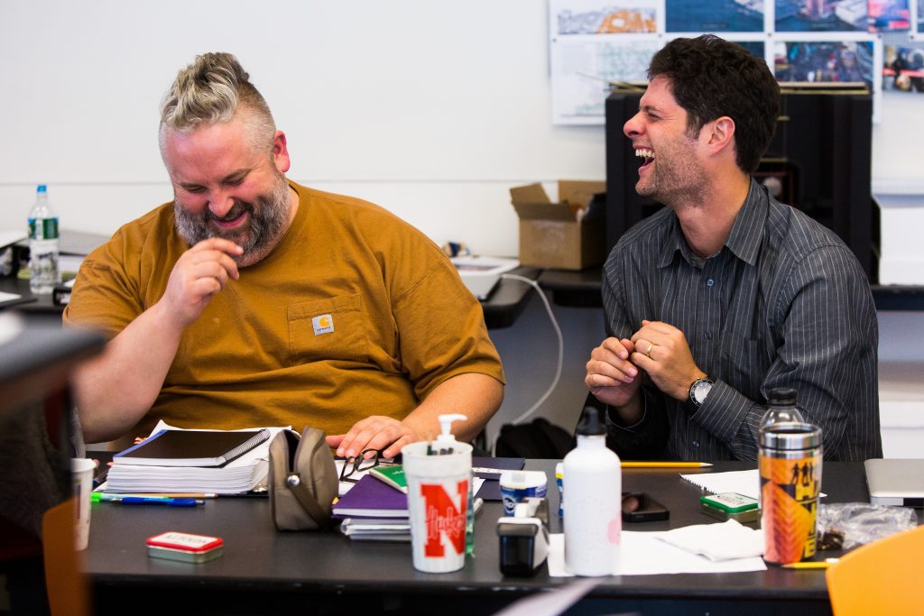 Lyricist Brian Yorkey (left) and composer Tom Kitt in rehearsal for "If/Then." Photo: