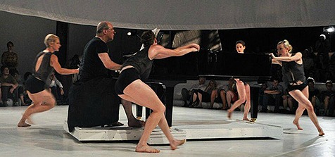Robert Spano (at piano) and the "cloth {field}" dancers.