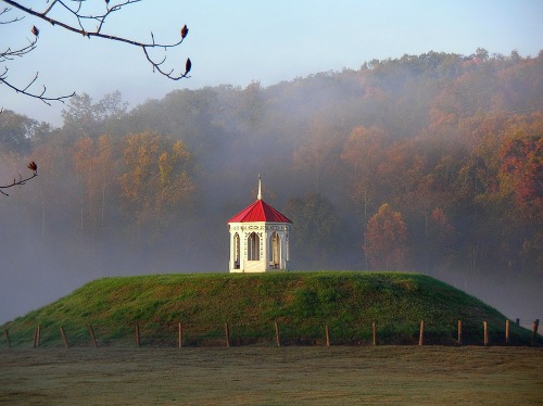 The red-roofed gazebo atop an Indian mound in the middle of a cow pasture is one of Georgia's most-photographed spots. It's at Hardman Farm Historic Site in Nacoochee Valley.