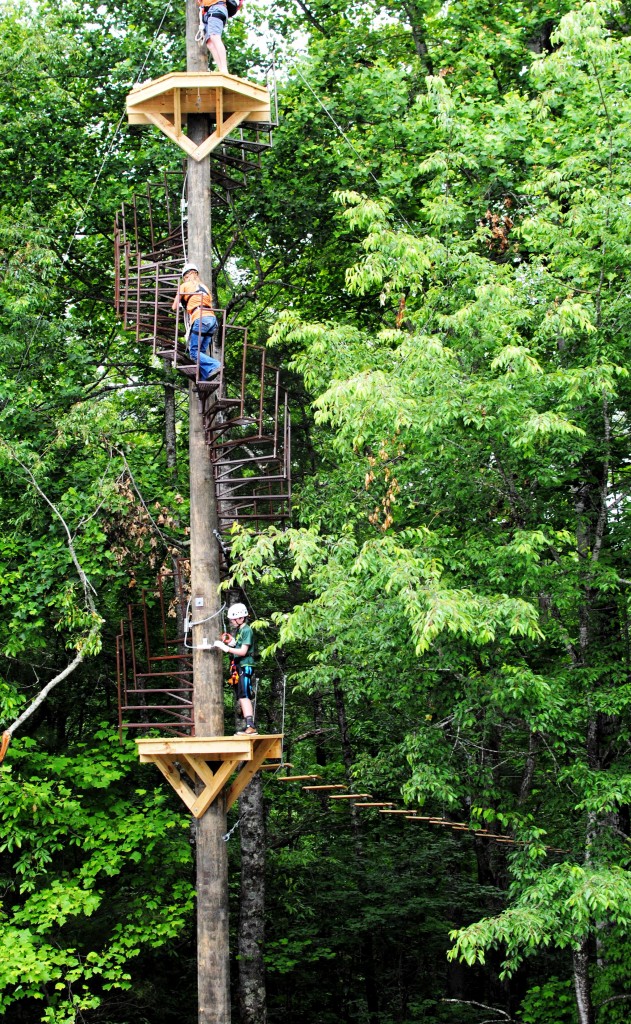 The highest point in the Unicoi course is about seven stories off the ground. Zip liners climb spiral staircases that wrap around trees to reach some of the launching platforms. Photo: Phil Kloer 
