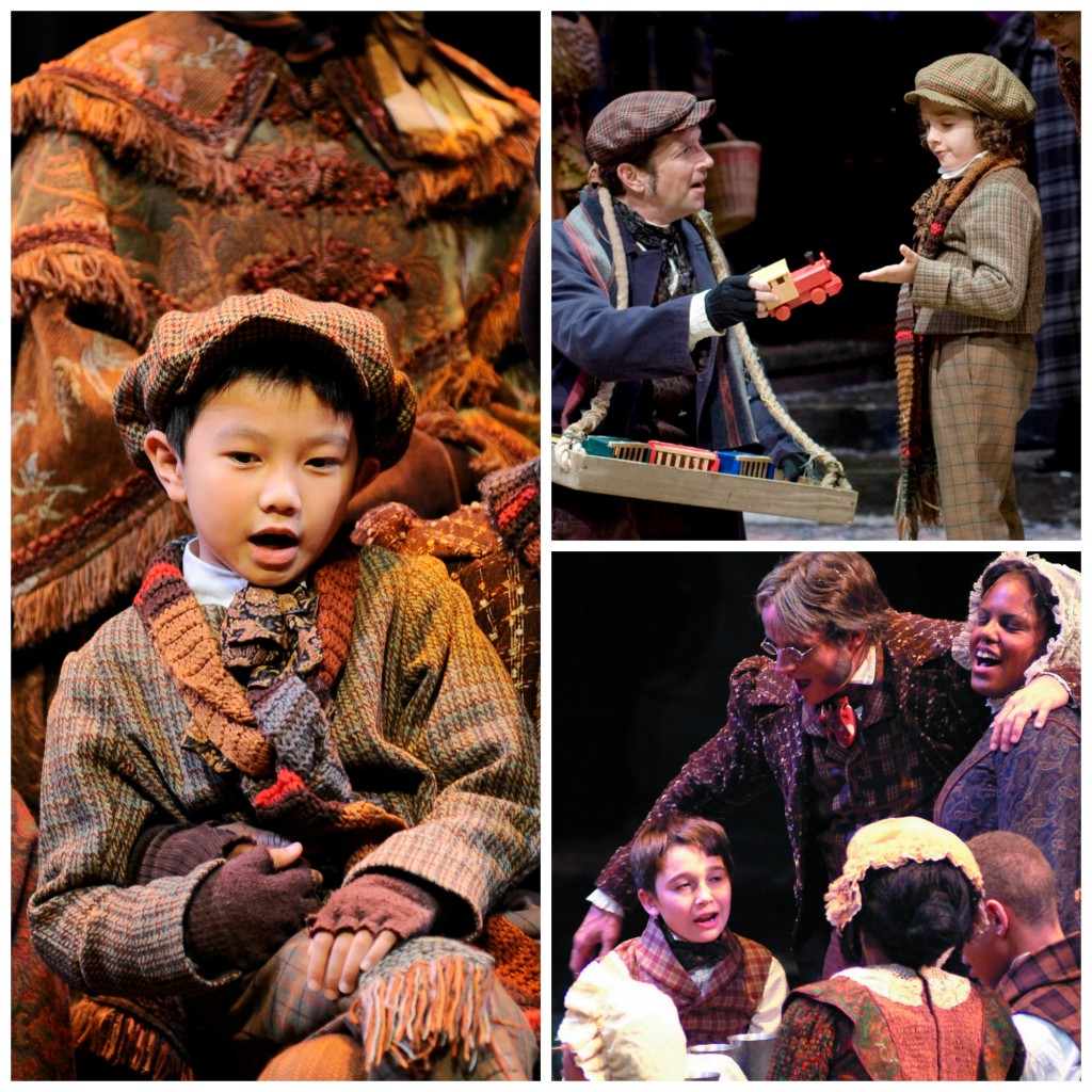 Clockwise, from left: Morgan Gao, now in "Holiday Inn" on Broadway, as Tim in 2012; Royce Mann, with ensemble member Brad Sherrill, in 2008; and Chas Crawford, with his Crachit family, in 2002. Photos: Eric Richardson (2002), Greg Mooney (2008, 2012).