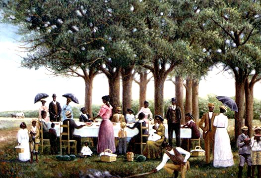 This painting depicts Oxford's Juneteenth celebration, believed to be the oldest of its kind in the United States. It commemorates the end of slavery. 