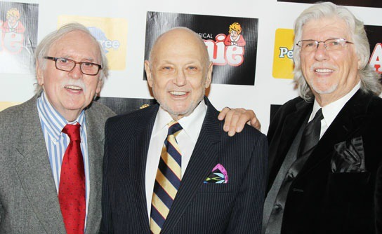 Annie's "dads" (from left) book writer Charles Meehan, xxxx and lyricist Martin Charnin celebrate the Broadway opening of the "Annie" revival in 2012.