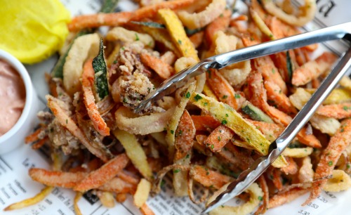 Taverna’s Fritto Misto comes with fried calamari, shrimp, zucchini and carrots with a spicy tomato aioli. Risotto isn't a bad idea, either. Photo: David Danzig
