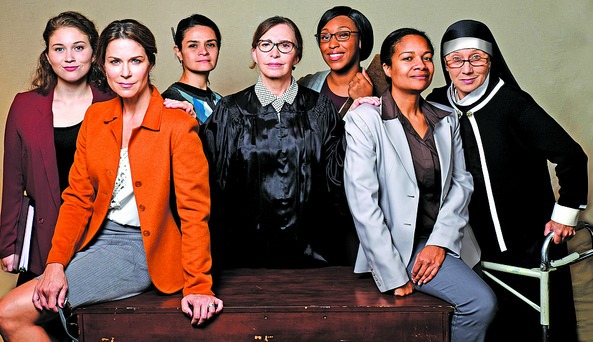 The cast (from left): Brooke Owens, Lane Carlock, Maria Rodriquez-Sager, Marianne Fraulo, xxx, xxx, Carolyn Cook. Photo: Greg Mooney